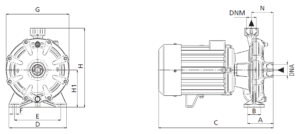 2 HP Twin Impeller Centrifugal Pump 2 CM 25/160B - 2536 GPH - 220V - 1PH - Dimensions