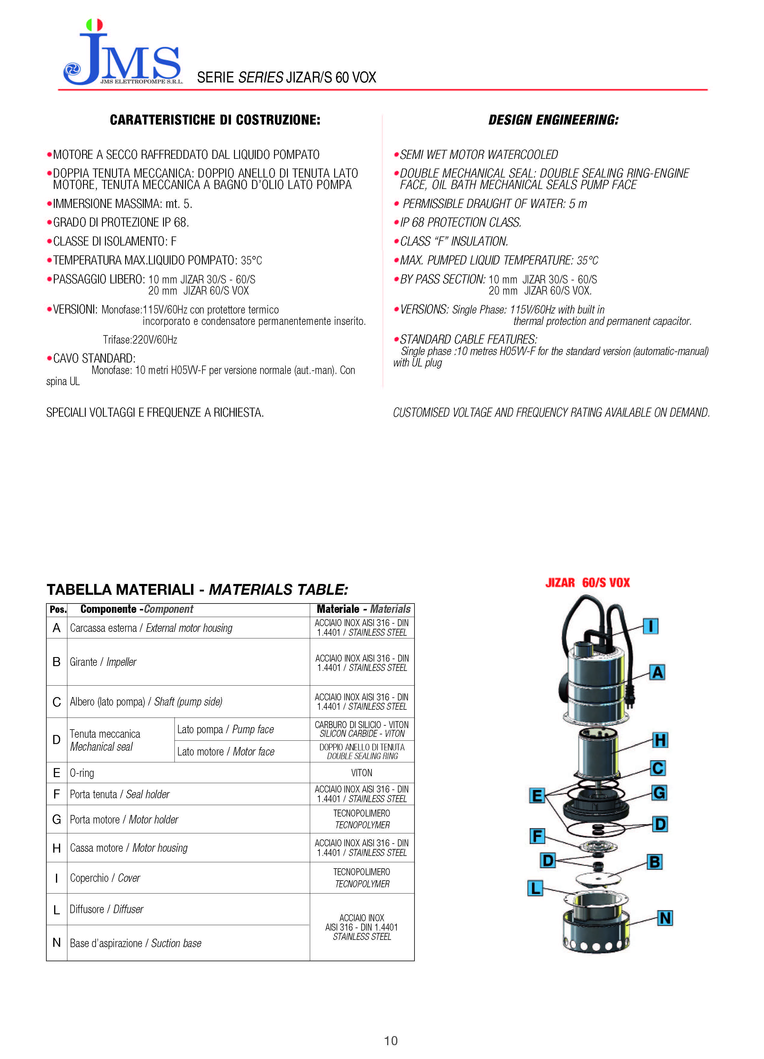 JIZAR-VOX 60/SS316 Auto Sump Pump - 1Ph - 2400 GPH - 0.6 HP - 1 1/4"- Drainage Submersible Pump