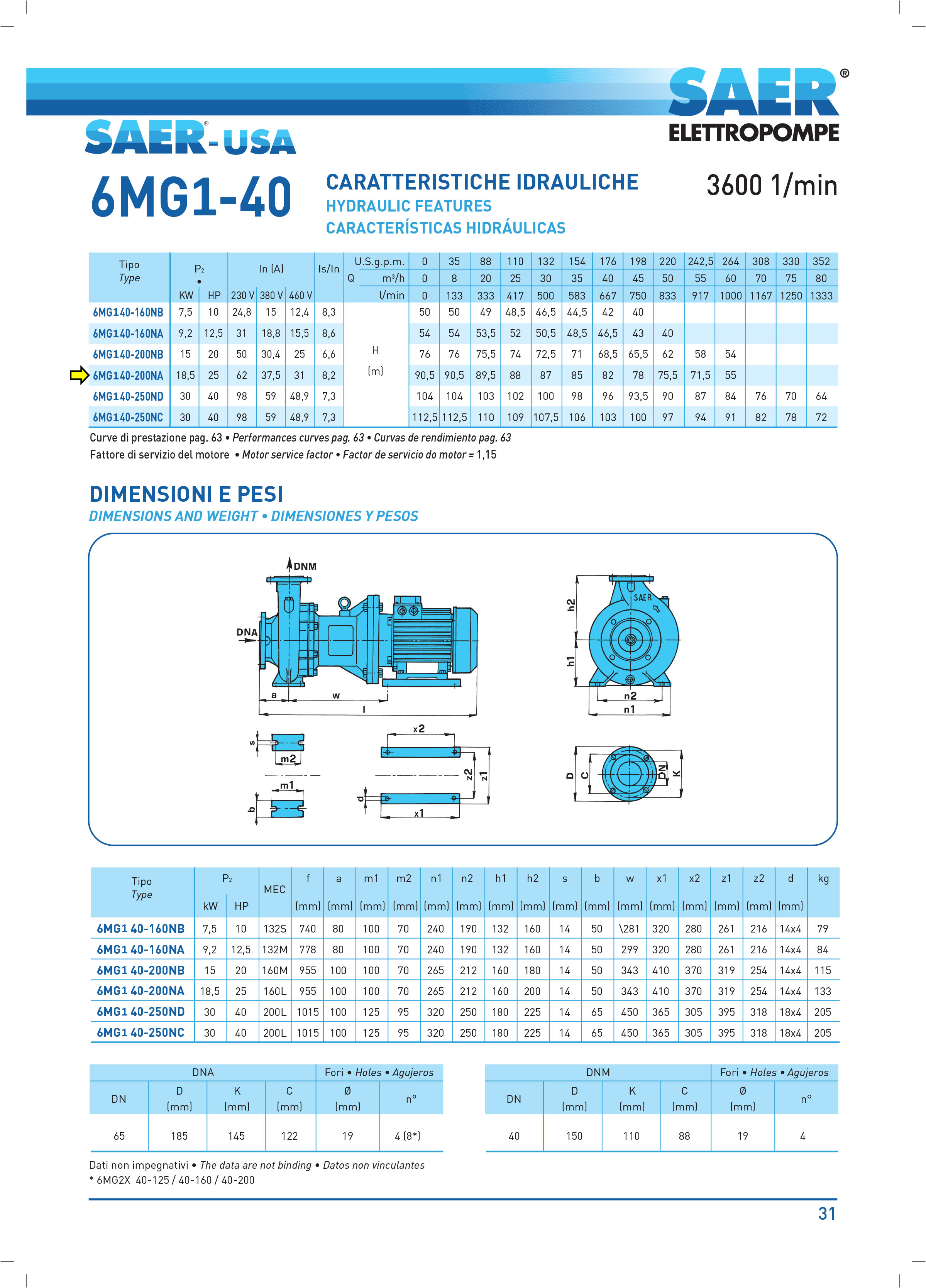 Electrical Centrifugal Pump — 15,840 GPH, 25 HP, 18.5 Kw, 460 Volts - 60 Hz - SAER-USA MG2 40-200NA³ (Cast-iron)