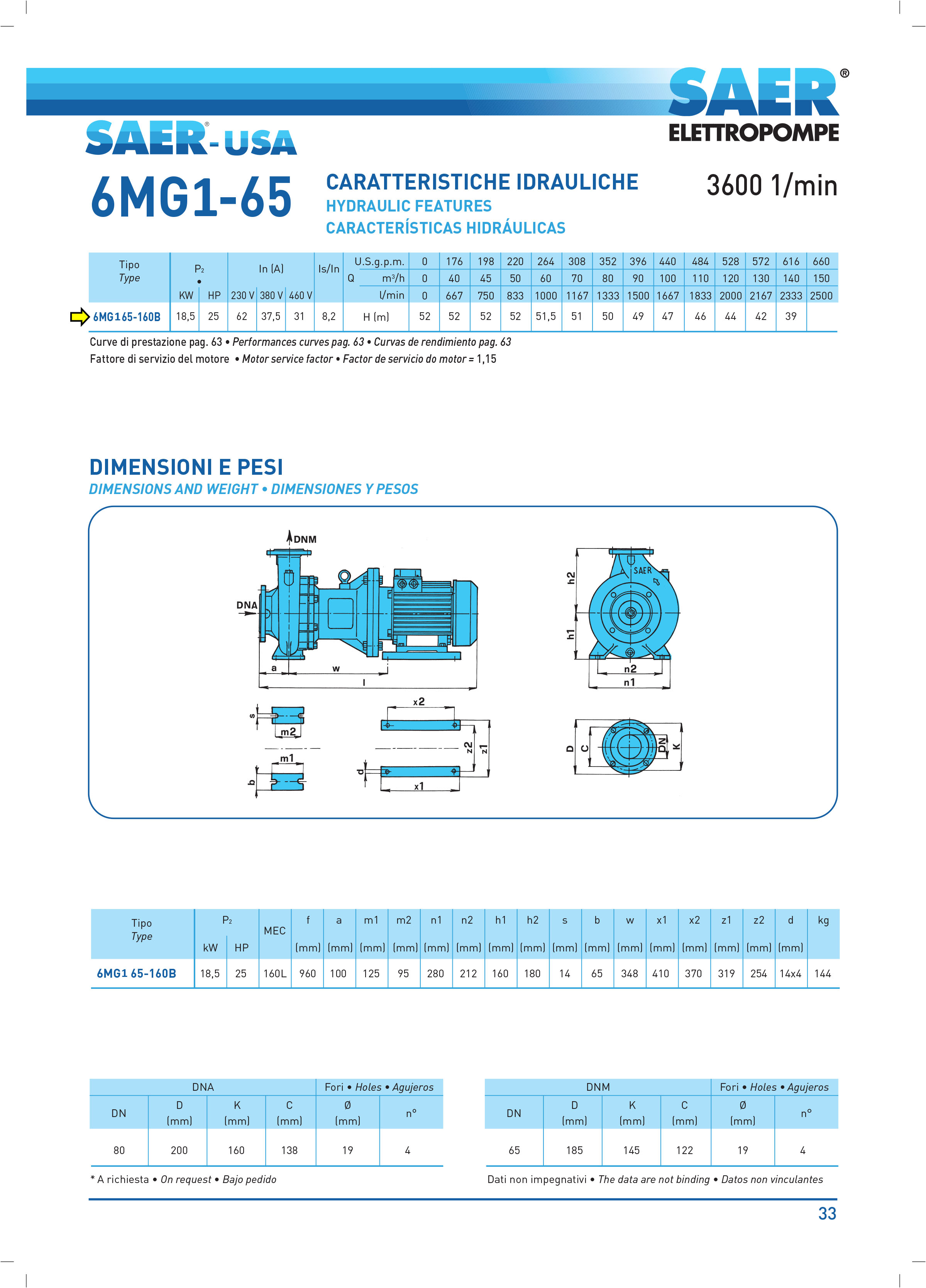 Electrical Centrifugal Pump — 36,960 GPH, 25 HP, 18.5 Kw, 460 Volts - 60 Hz- SAER-USA MG2 65-160B, PN10 (Cast-iron)