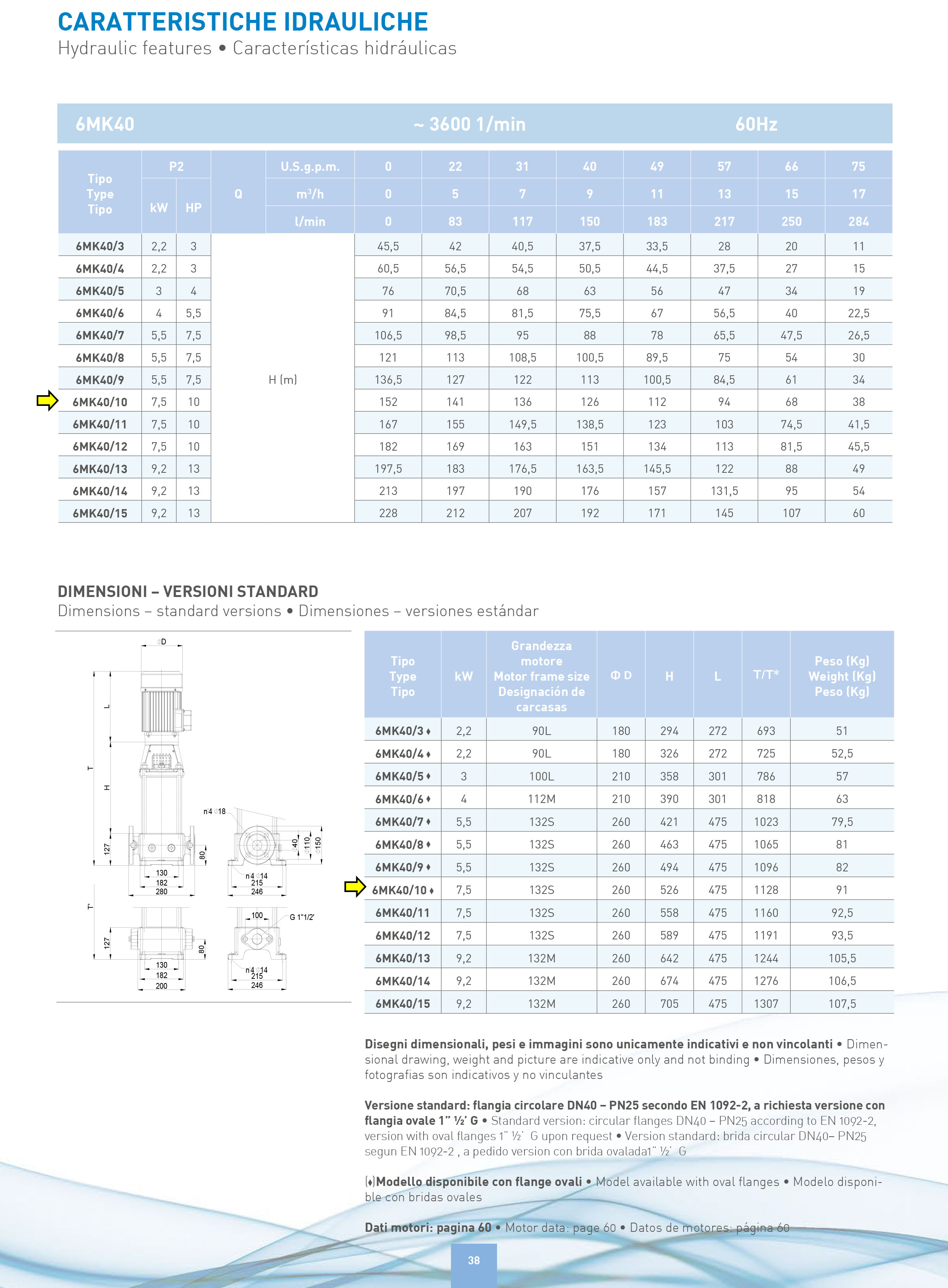 Vertical Multistage Electric Pump — 10 HP, 7.5 Kw, 460V - SAER 6PMK 40/10
