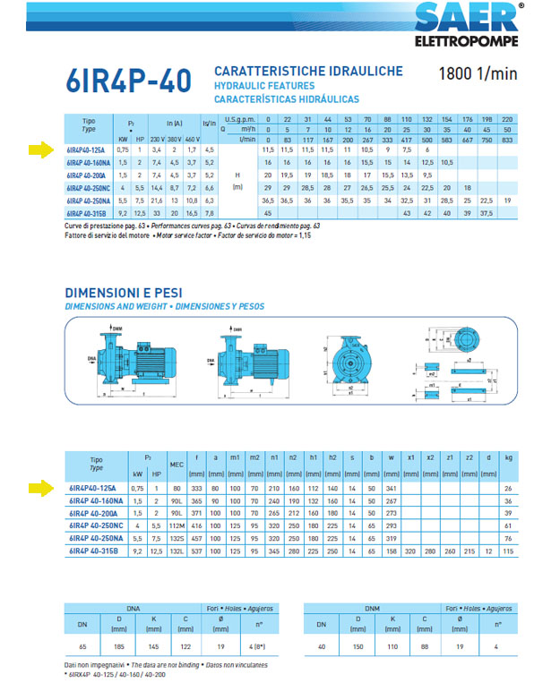 SAER-USA 6IR4P40-125A Single stage — 7920 GPH, 1 HP, 0.75 Kw - 115/230 Volts - (1800 rpm) - 60Hz